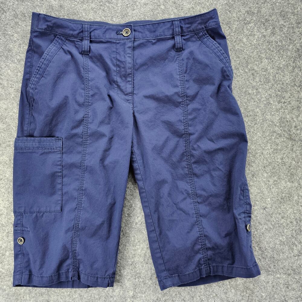 Chicos Bermuda Shorts Size 00 Womens Roll Tab Hem Cargo Pocket Navy 12" Inseam